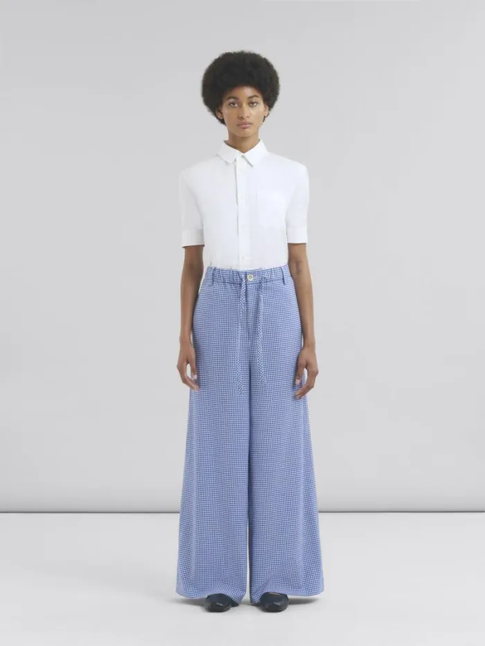 Women Marni Pants Wool Blend Blue And White Checked Drawstring Trousers