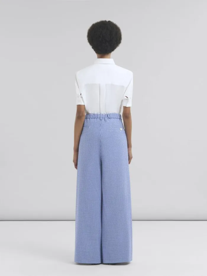 Women Marni Pants Wool Blend Blue And White Checked Drawstring Trousers