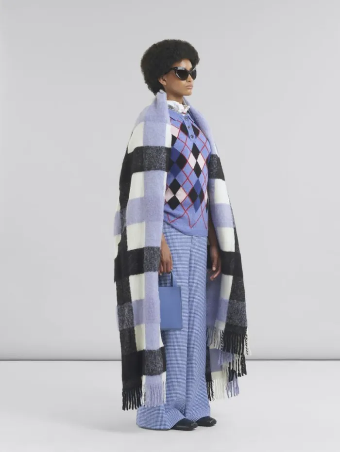 Women Marni Pants Wool Blend Blue And White Checked Drawstring Trousers