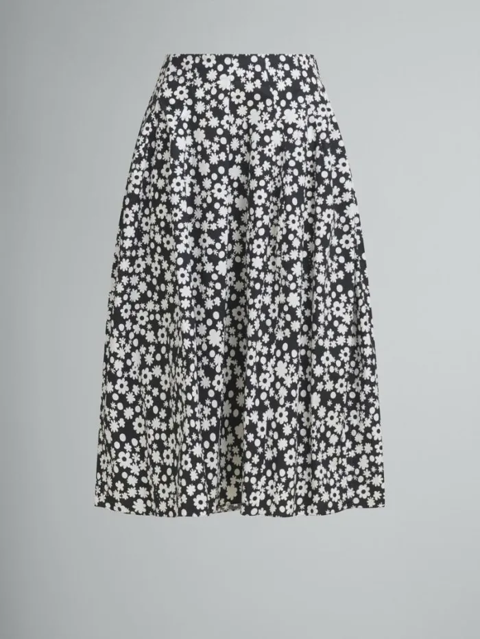 Women Marni Skirts Poplin Midi Skirt With Balck And White Pop Fields Motif