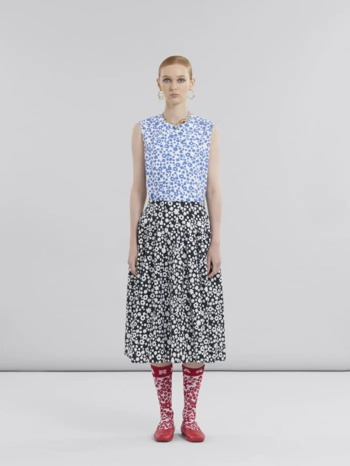 Women Marni Skirts Poplin Midi Skirt With Balck And White Pop Fields Motif