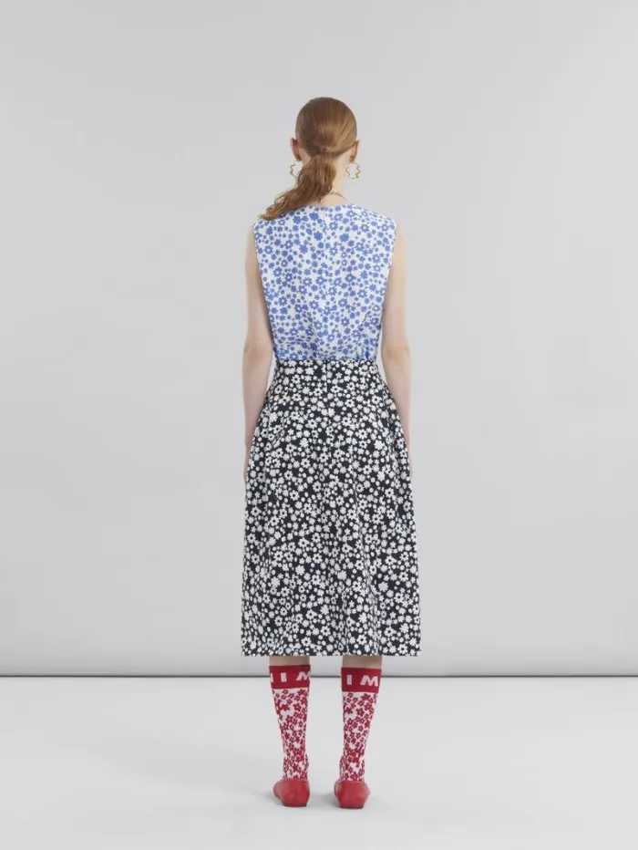Women Marni Skirts Poplin Midi Skirt With Balck And White Pop Fields Motif