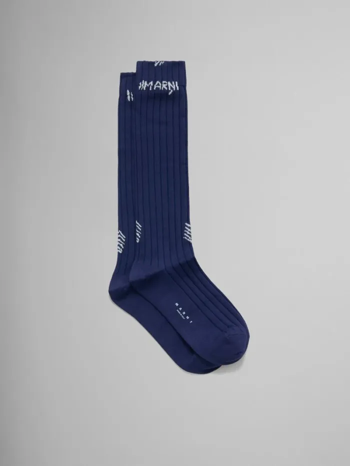 Women Marni Socks Blue Ribbed Cotton Socks With Marni Mending