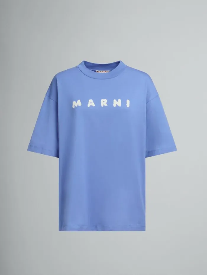 Women Marni Tops and Tshirts Light Blue Jersey Cotton TShirt With Marni Scribbled Logo