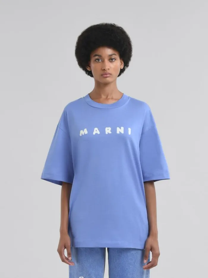 Women Marni Tops and Tshirts Light Blue Jersey Cotton TShirt With Marni Scribbled Logo