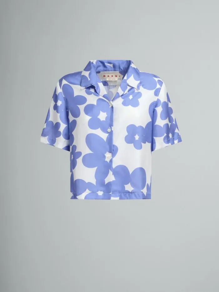 Women Marni Tops and Tshirts Silk Bowling Shirt With Blue And White Dillies Motif