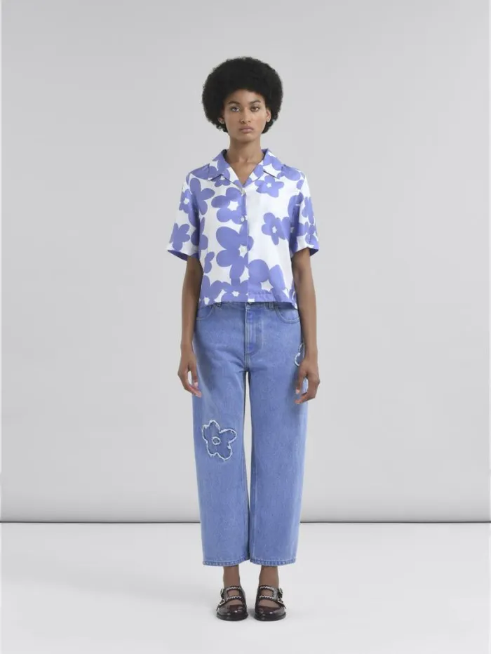 Women Marni Tops and Tshirts Silk Bowling Shirt With Blue And White Dillies Motif