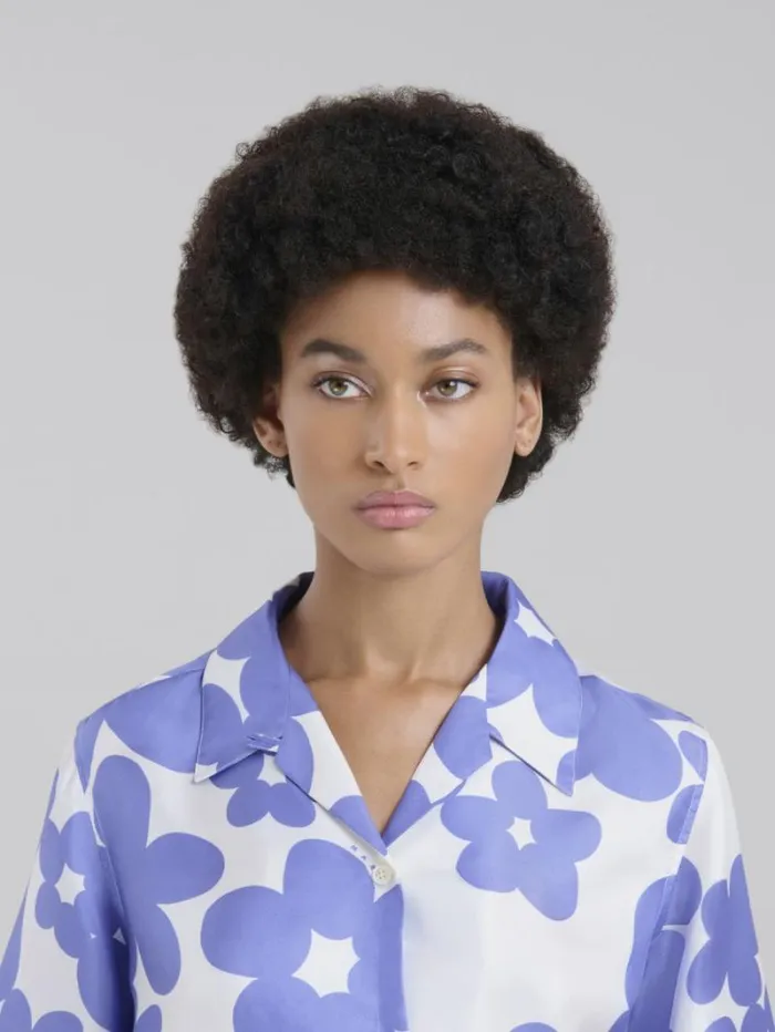 Women Marni Tops and Tshirts Silk Bowling Shirt With Blue And White Dillies Motif