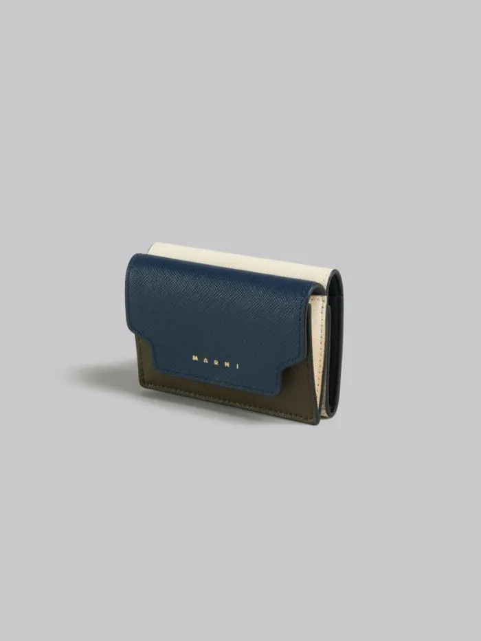 Women Marni Wallets and Small Leather Goods Deep Blue Cream And Green Saffiano Leather TriFold Wallet