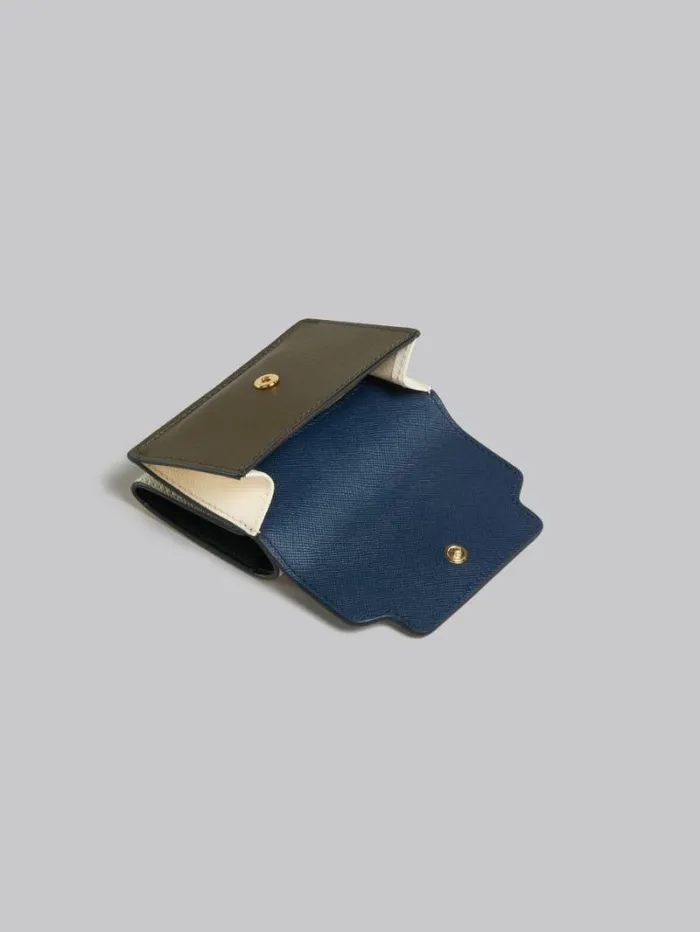 Women Marni Wallets and Small Leather Goods Deep Blue Cream And Green Saffiano Leather TriFold Wallet
