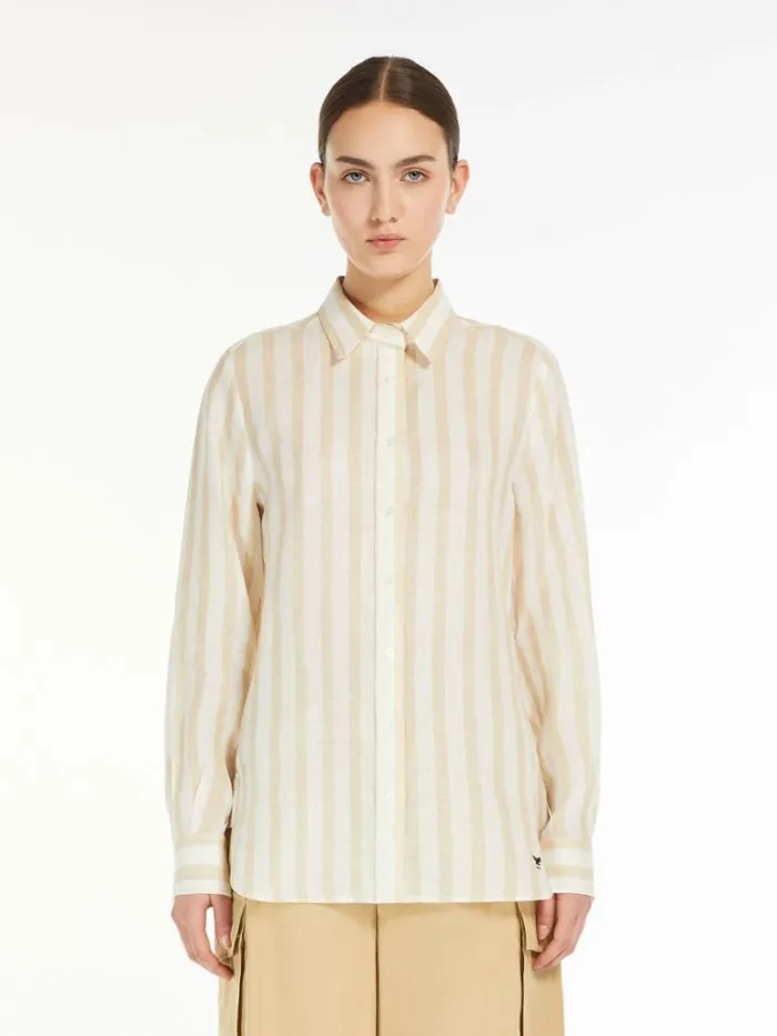 Women Max Mara Blouses Linen Canvas Shirt Beige