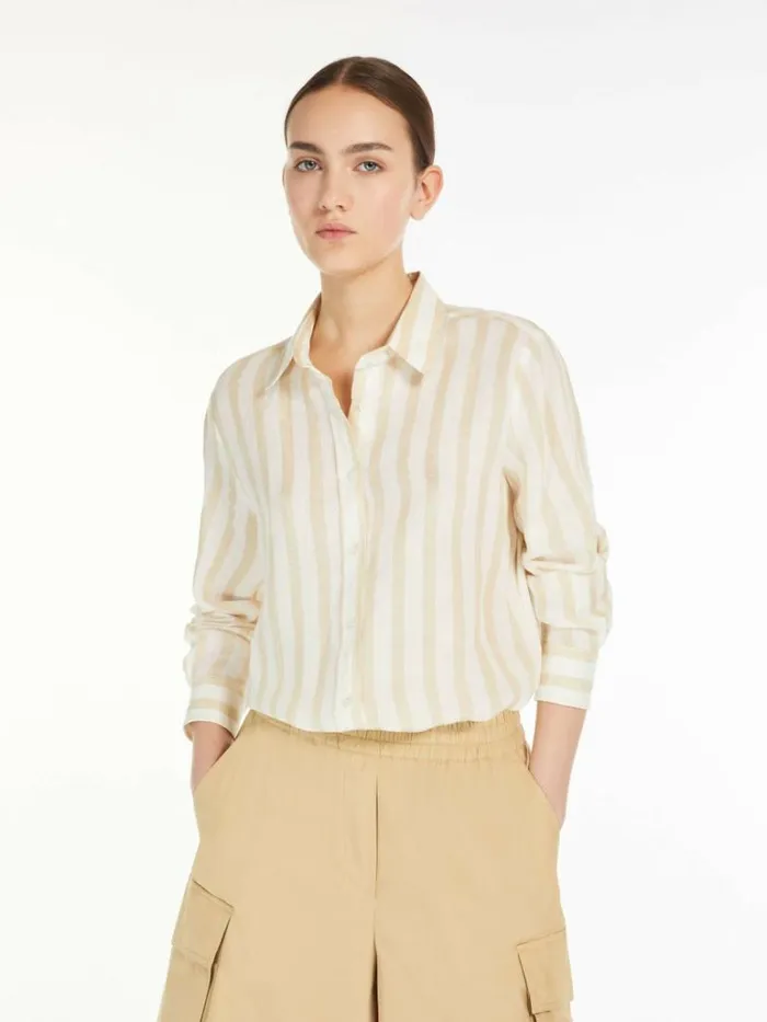 Women Max Mara Blouses Linen Canvas Shirt Beige