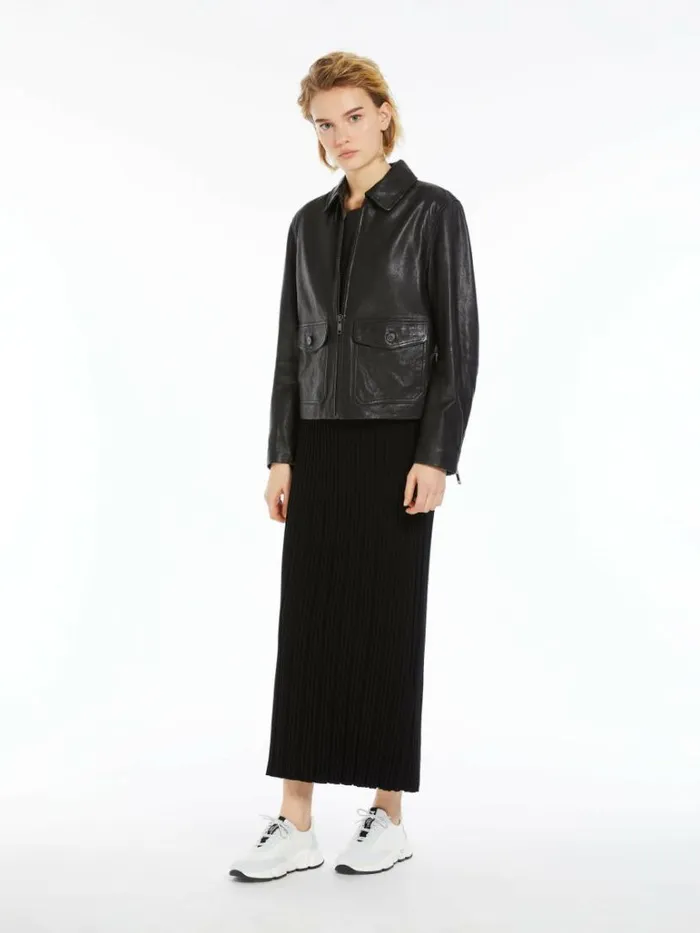 Women Max Mara Leather Coats Pocketdetail Nappa Leather Jacket Black