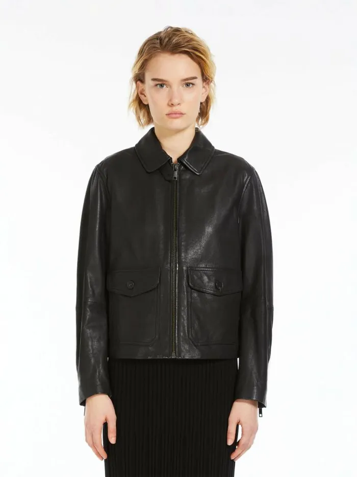 Women Max Mara Leather Coats Pocketdetail Nappa Leather Jacket Black