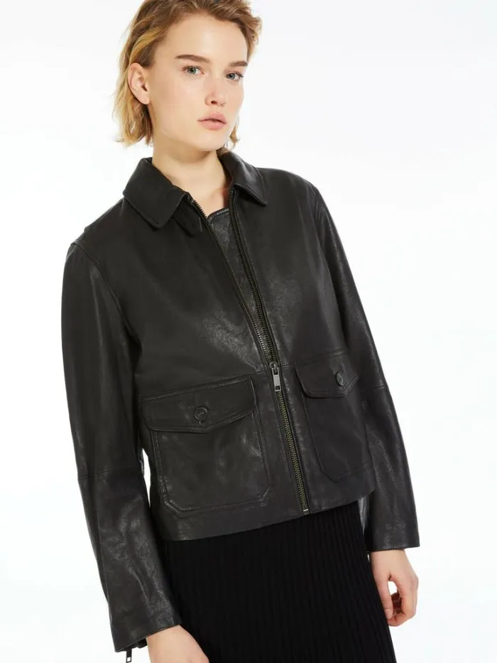 Women Max Mara Leather Coats Pocketdetail Nappa Leather Jacket Black