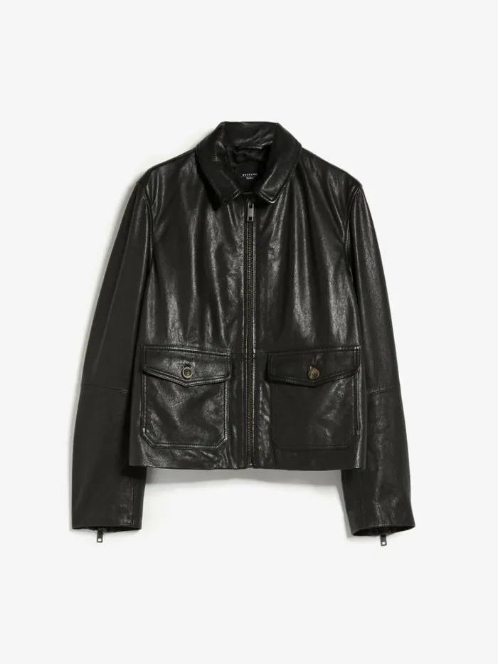 Women Max Mara Leather Coats Pocketdetail Nappa Leather Jacket Black