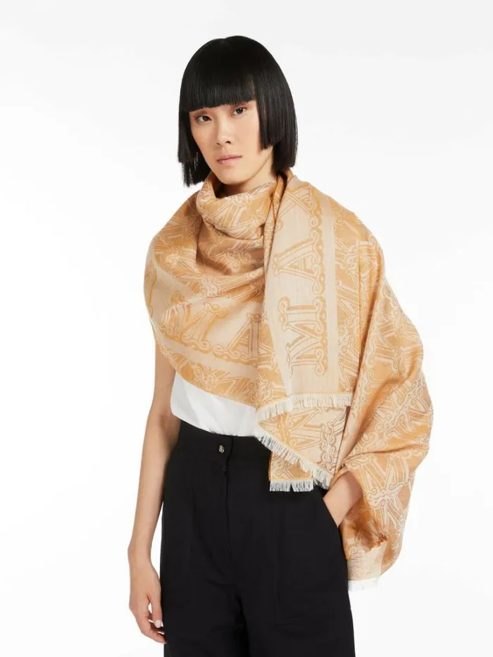 Women Max Mara Scarves And Foulards Jacquardknit Wool Silk And Linen Stole Tobacco