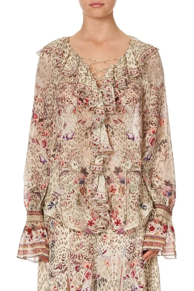 Women Modest Clothing Camilla Lace Up Ruffle Blouse Drifting Dreamer