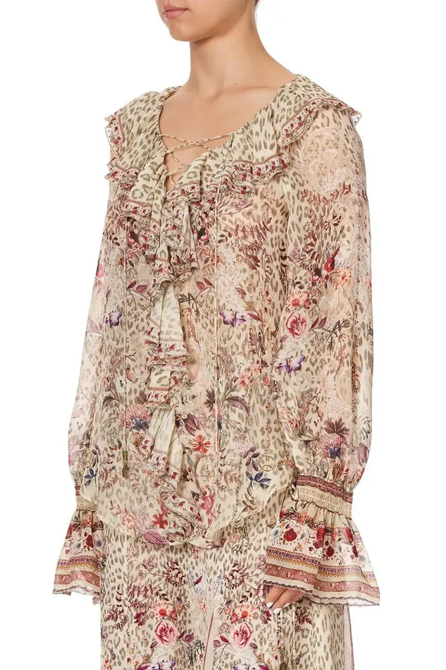 Women Modest Clothing Camilla Lace Up Ruffle Blouse Drifting Dreamer