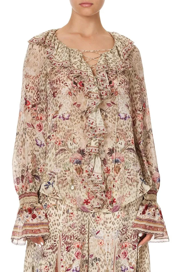 Women Modest Clothing Camilla Lace Up Ruffle Blouse Drifting Dreamer