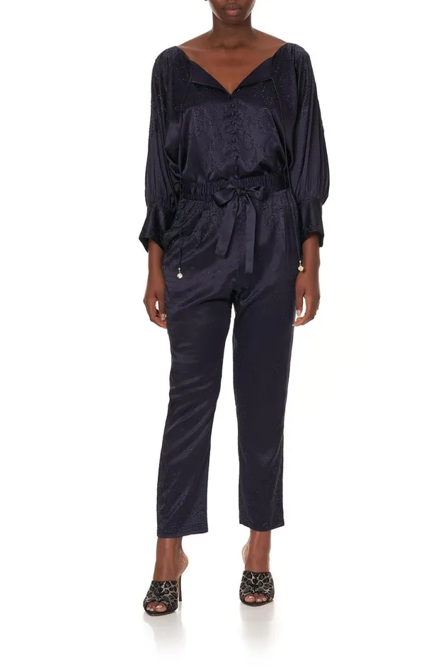 Women Modest Clothing Camilla Raglan Sleeve Button Up Top Luxe Navy