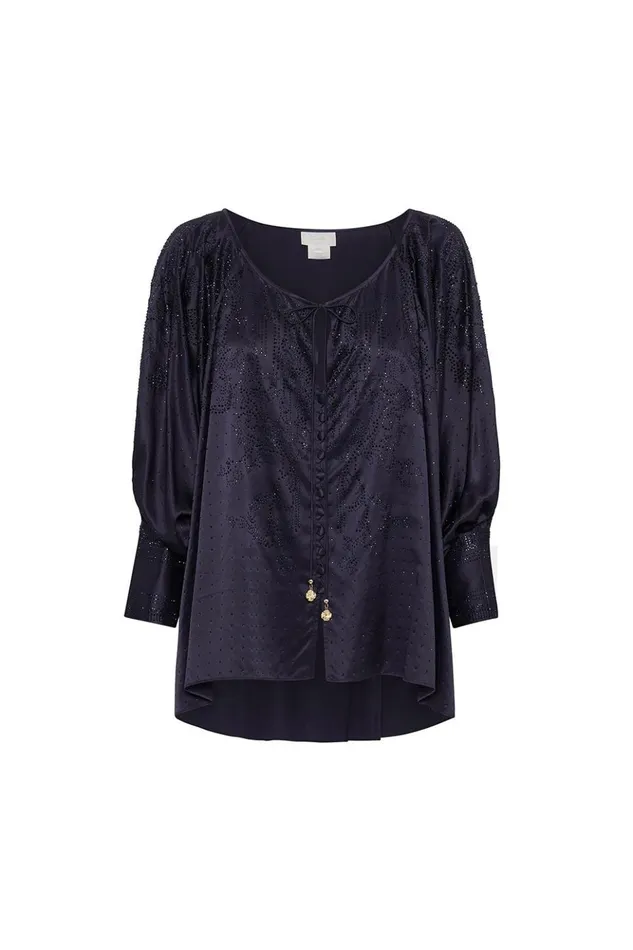 Women Modest Clothing Camilla Raglan Sleeve Button Up Top Luxe Navy