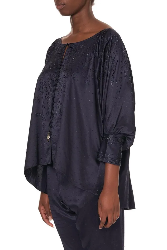 Women Modest Clothing Camilla Raglan Sleeve Button Up Top Luxe Navy