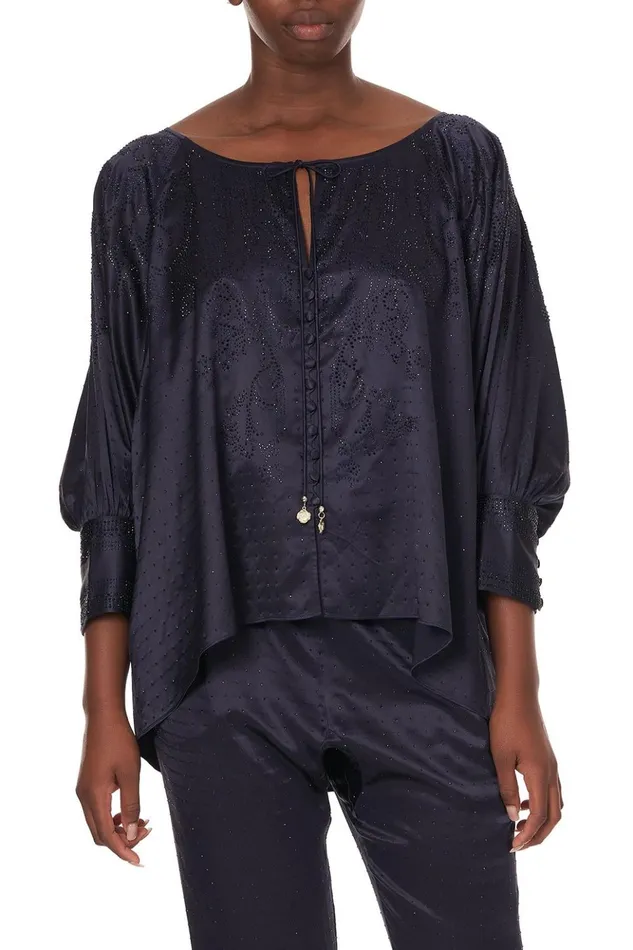 Women Modest Clothing Camilla Raglan Sleeve Button Up Top Luxe Navy