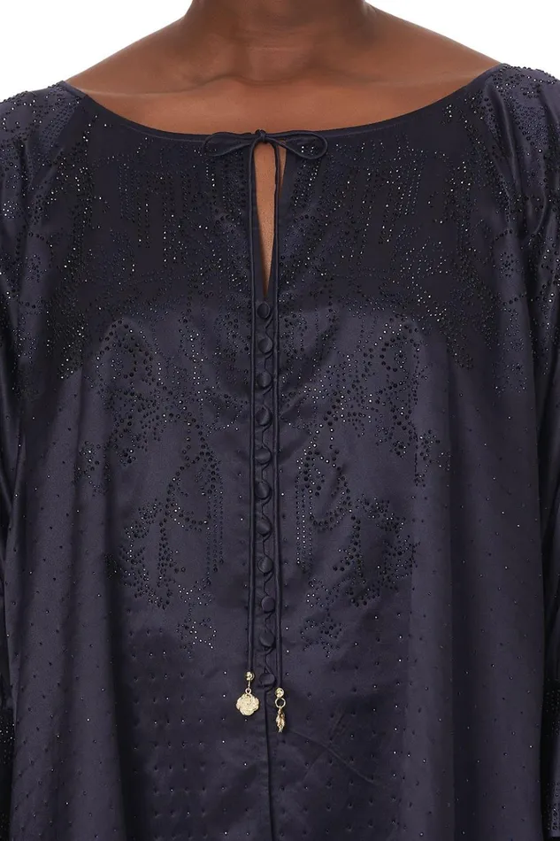 Women Modest Clothing Camilla Raglan Sleeve Button Up Top Luxe Navy