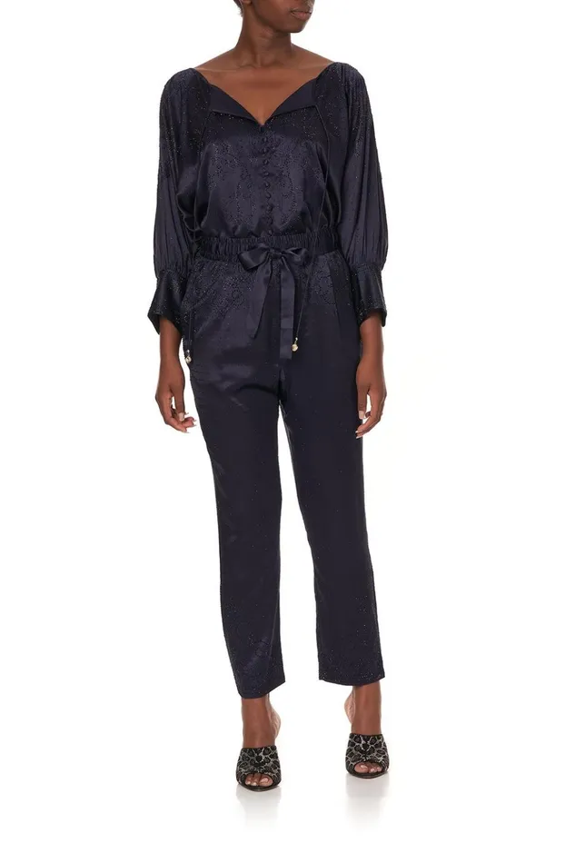 Women Modest Clothing Camilla Raglan Sleeve Button Up Top Luxe Navy