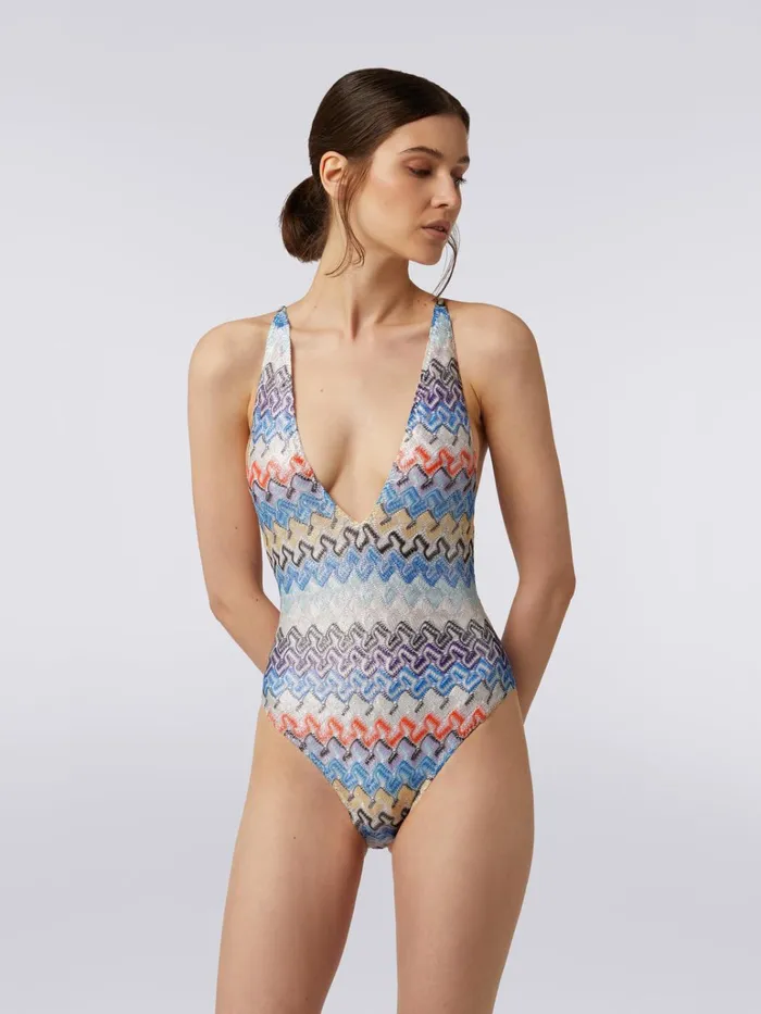 Women Multicoloured Viscose Knit OnePiece Swimming Costume With V Neckline Multicoloured Missoni Swimsuits