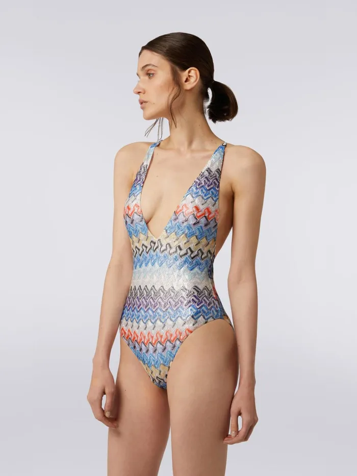 Women Multicoloured Viscose Knit OnePiece Swimming Costume With V Neckline Multicoloured Missoni Swimsuits