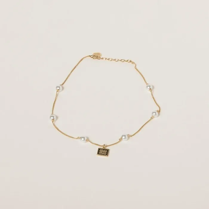 Women Necklaces Miu Miu Metal Pendant Necklace With Synthetic Pearls Goldcream