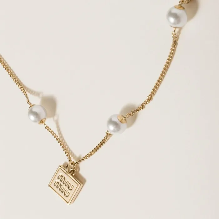 Women Necklaces Miu Miu Metal Pendant Necklace With Synthetic Pearls Goldcream Women Necklaces Miu Miu Metal Pendant Necklace With Synthetic Pearls Goldcream