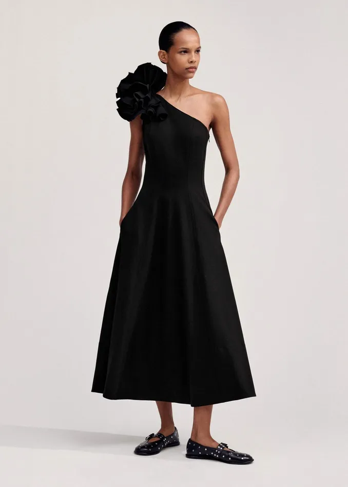 Women One Shoulder Midi Dress Corsage Black MEEM