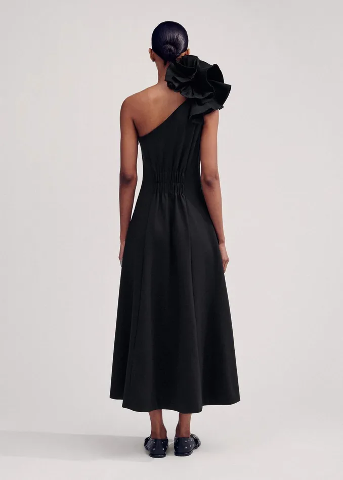 Women One Shoulder Midi Dress Corsage Black MEEM