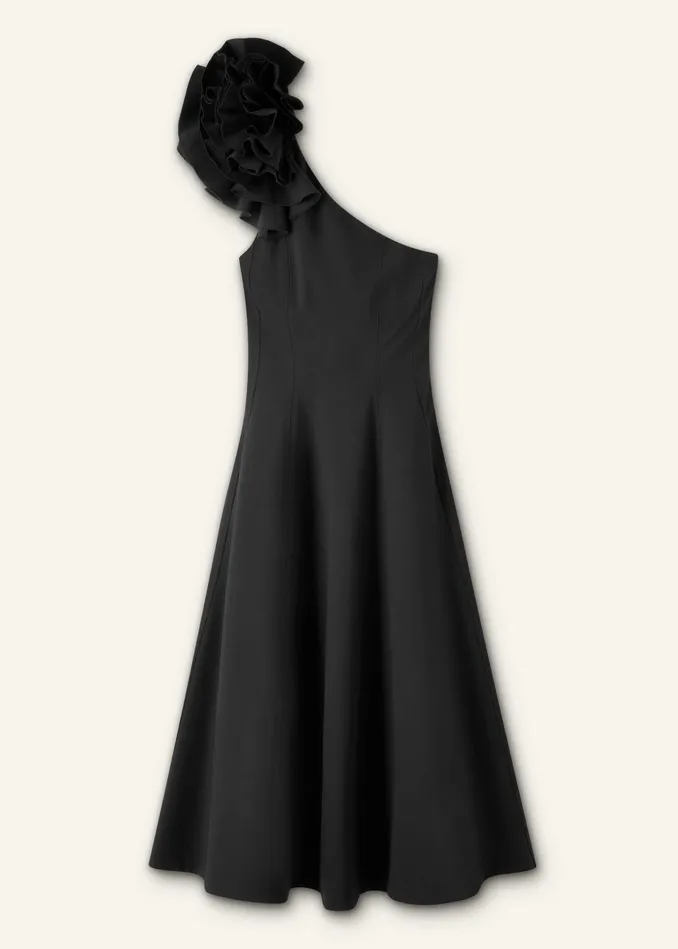 Women One Shoulder Midi Dress Corsage Black MEEM