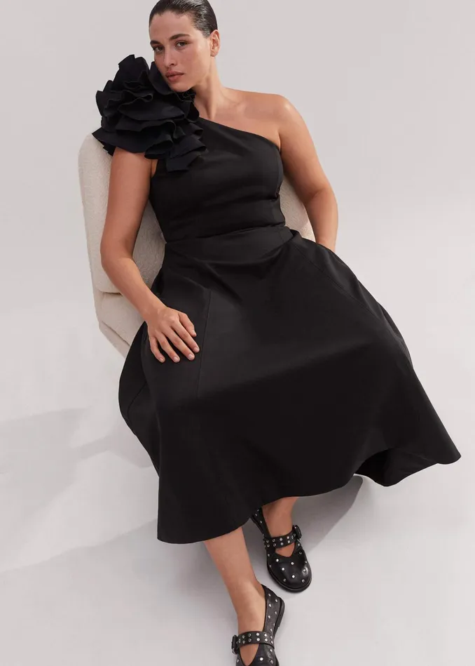 Women One Shoulder Midi Dress Corsage Black MEEM