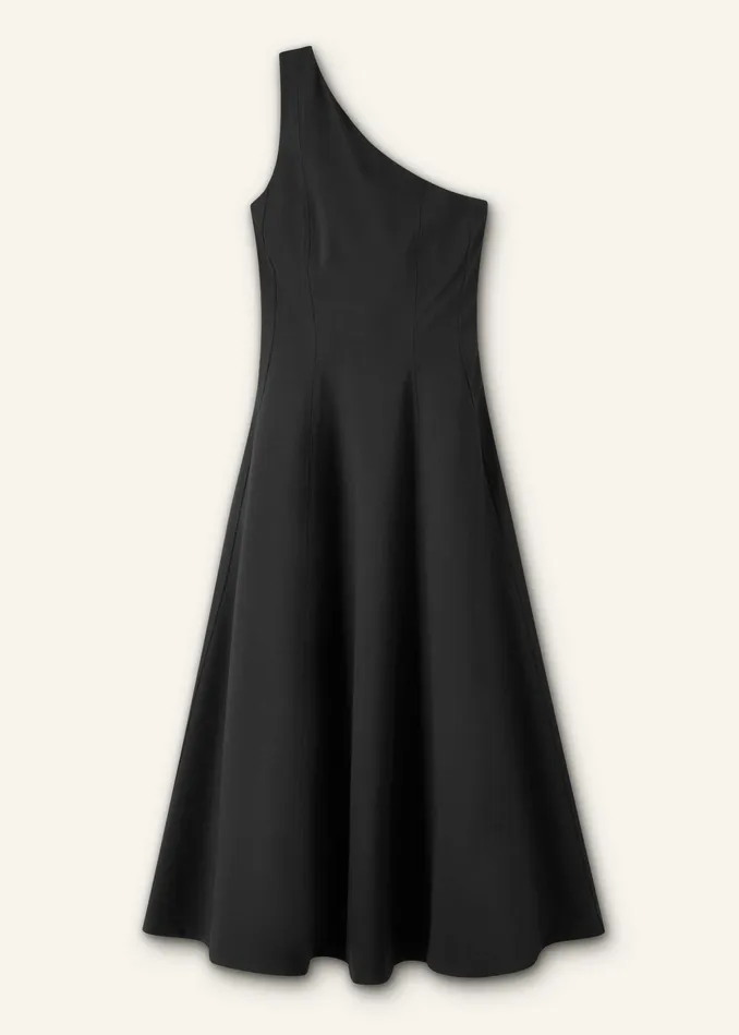Women One Shoulder Midi Dress Corsage Black MEEM