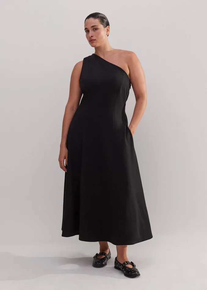 Women One Shoulder Midi Dress Corsage Black MEEM
