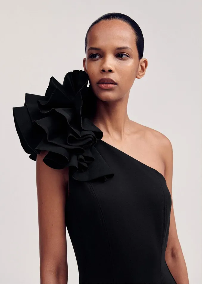 Women One Shoulder Midi Dress Corsage Black MEEM
