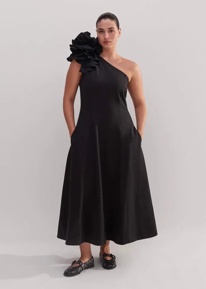 Women One Shoulder Midi Dress Corsage Black MEEM