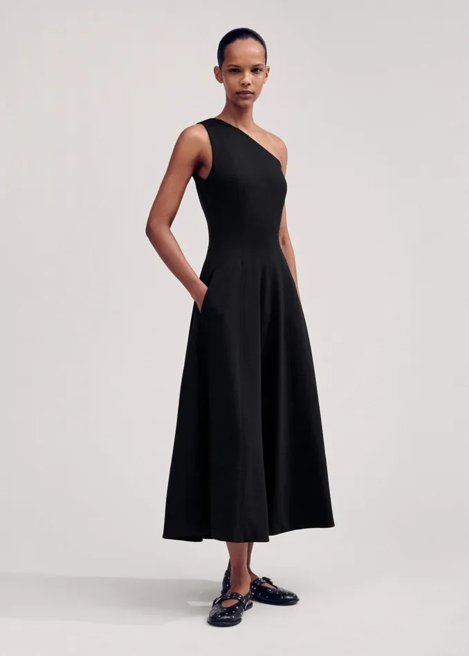 Women One Shoulder Midi Dress Corsage Black MEEM