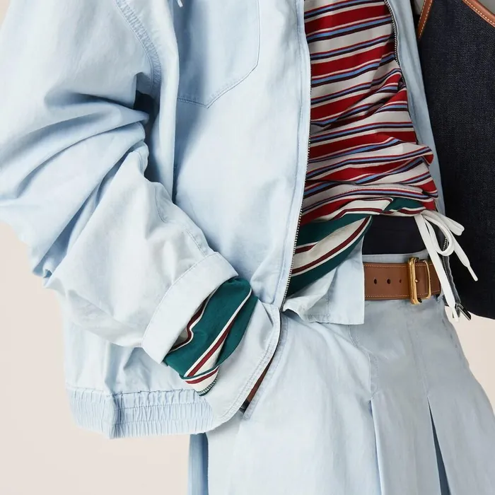 Women Outerwear Miu Miu Chambray Blouson Jacket Light Blue Women Outerwear Miu Miu Chambray Blouson Jacket Light Blue