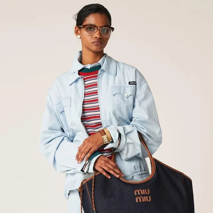Women Outerwear Miu Miu Chambray Blouson Jacket Light Blue Women Outerwear Miu Miu Chambray Blouson Jacket Light Blue