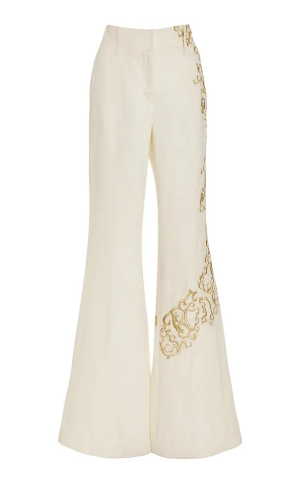 Women Pants Gabriela Hearst Rhein Embroidered Pant In Ivory Textured Linen
