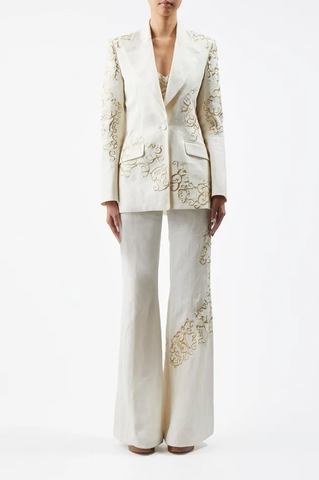 Women Pants Gabriela Hearst Rhein Embroidered Pant In Ivory Textured Linen