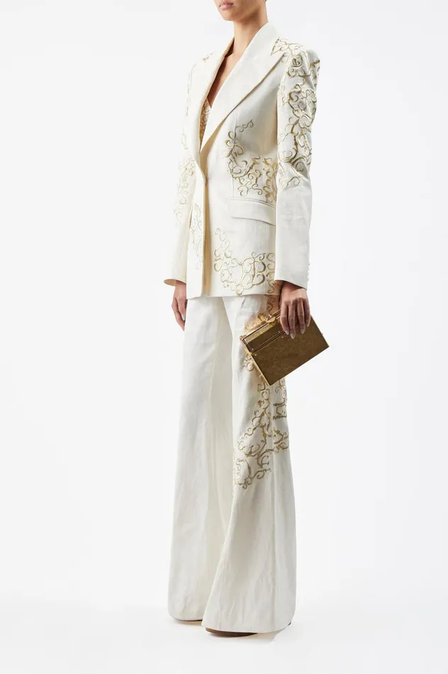 Women Pants Gabriela Hearst Rhein Embroidered Pant In Ivory Textured Linen