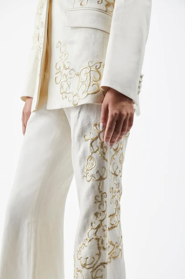 Women Pants Gabriela Hearst Rhein Embroidered Pant In Ivory Textured Linen