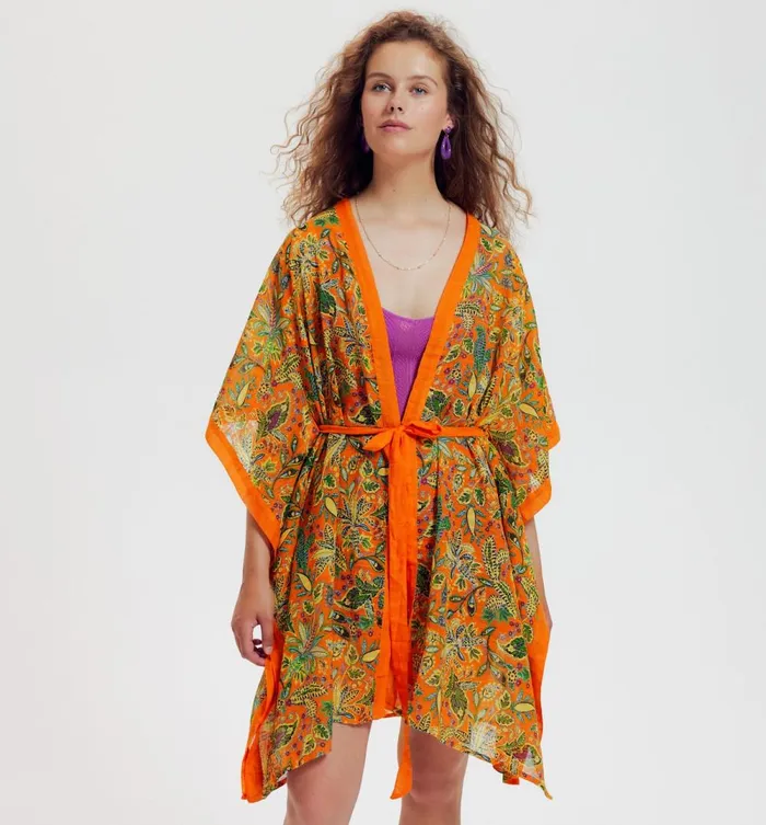 Women Patterned Belted Kimono 8211 Orange Print Promod Jackets